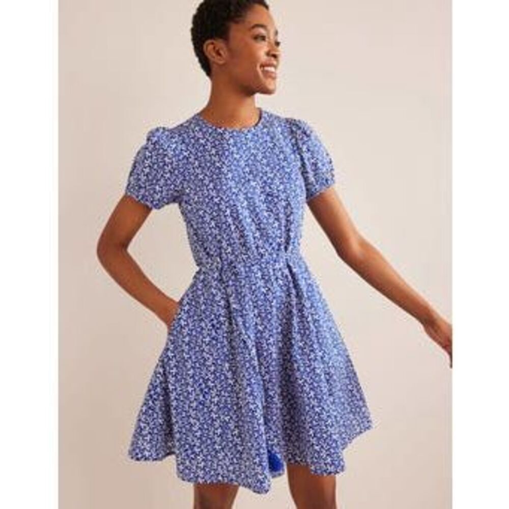 Boden Blue & White Floral Cotton Fit-and-Flare Dress (UK 12) US 8L